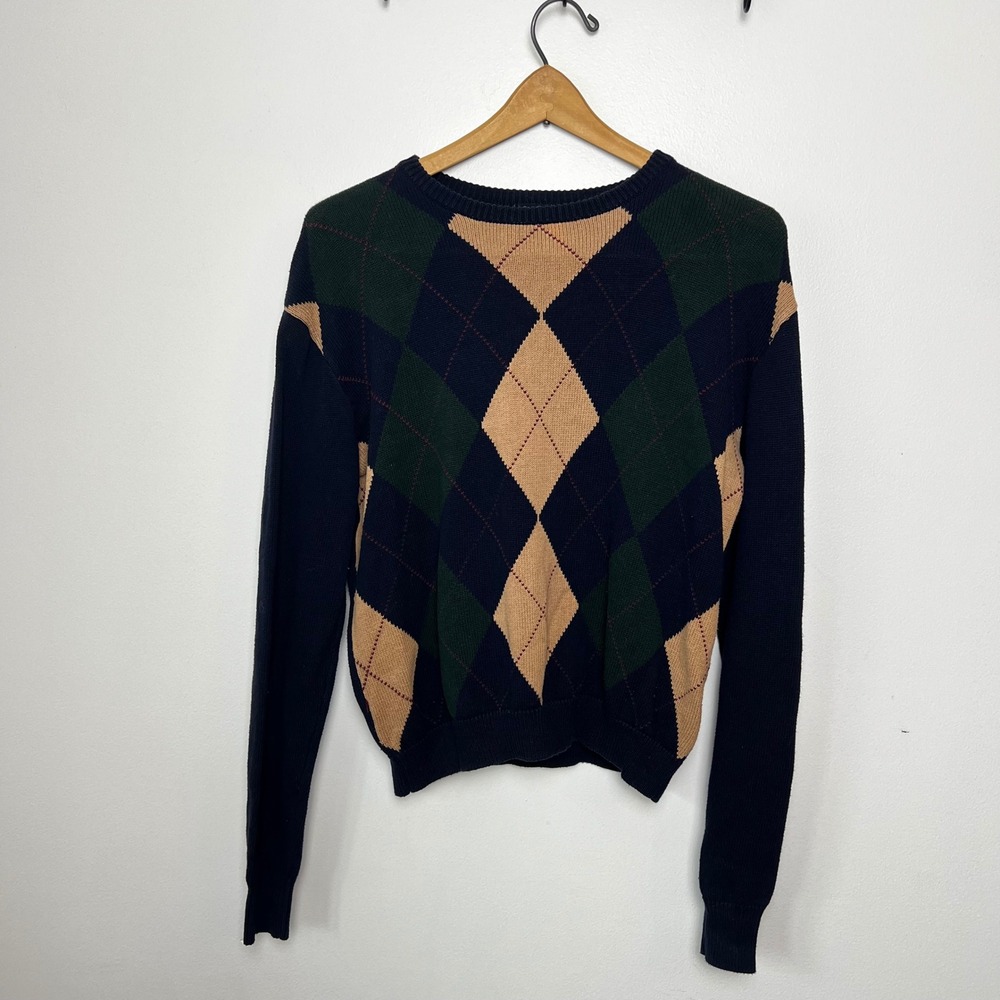 John Galt‎ Argyle Crewneck Sweater Mens Navy Green Tan Cotton Knit Small
